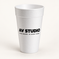 White foam cup with black AV Studio print — AI-refined customization mockup