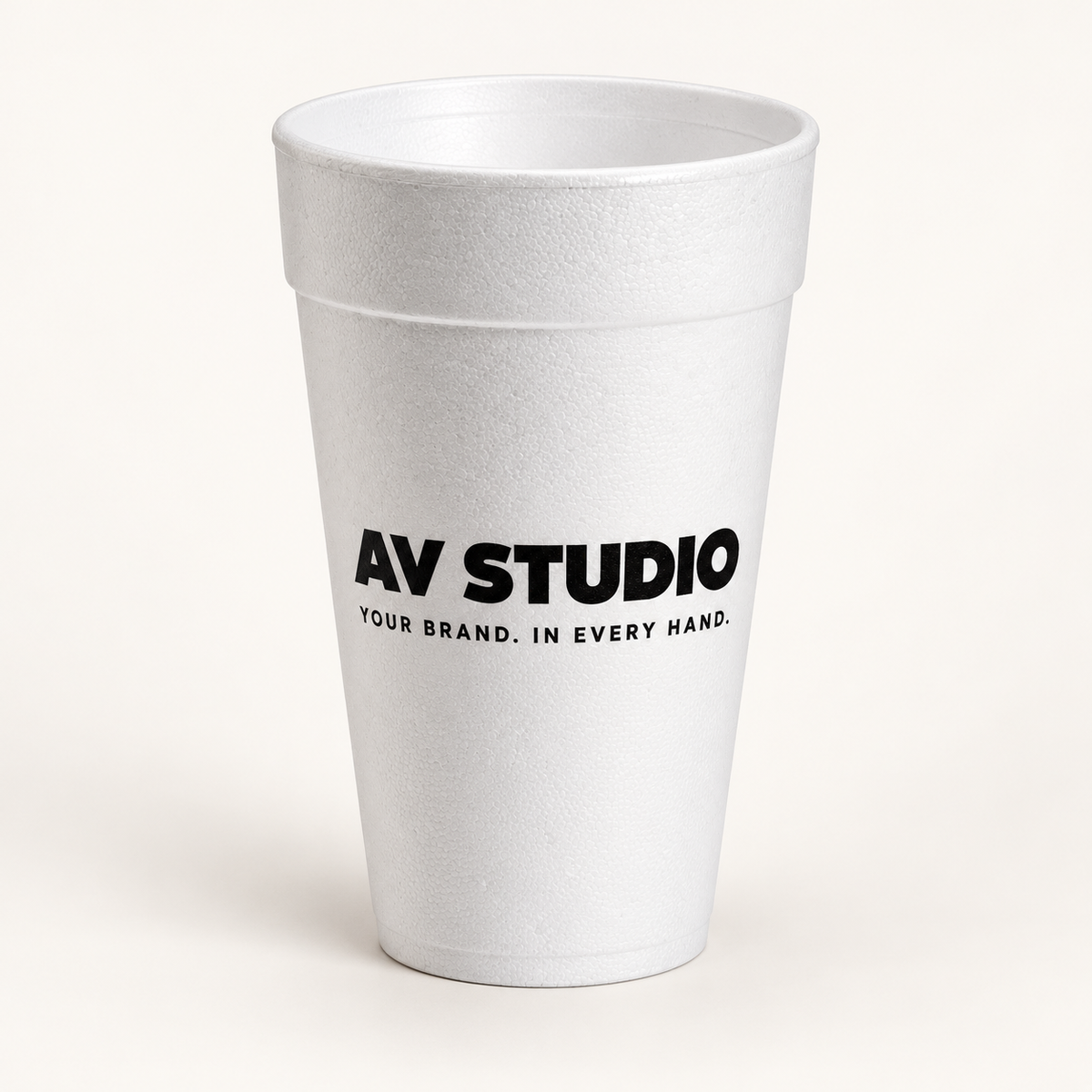 White foam cup with black AV Studio print — AI-refined customization mockup
