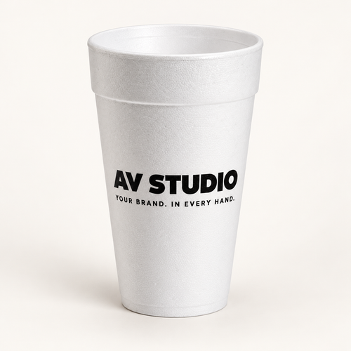 White foam cup with black AV Studio print — AI-refined customization mockup