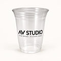 Soft-sided clear plastic cup with AV Studio print — AI-refined customization mockup